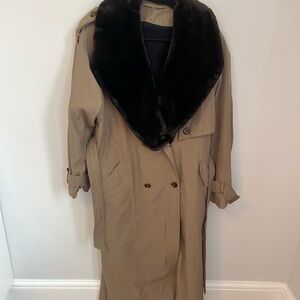 Classic Tan Trench Coat with Dark Brown Faux Fur Collar